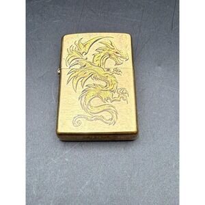 Zippo Windproof Lighter Sparkling Gold Dragon Design Brushed Brass Metal 29725